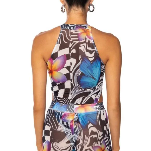 Stasia Land Flowers on the Board: Mesh Sleeveless Mock Neck Bodysuit M L - Picture 4 of 6